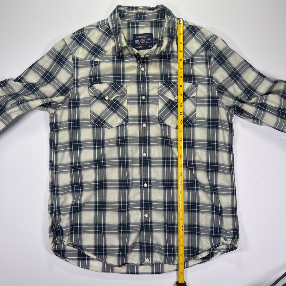 American Eagle Western Shirt Mens‎ Blue Plaid Pearl Snap Vintage Fit Long Sleeve - Picture 4 of 6